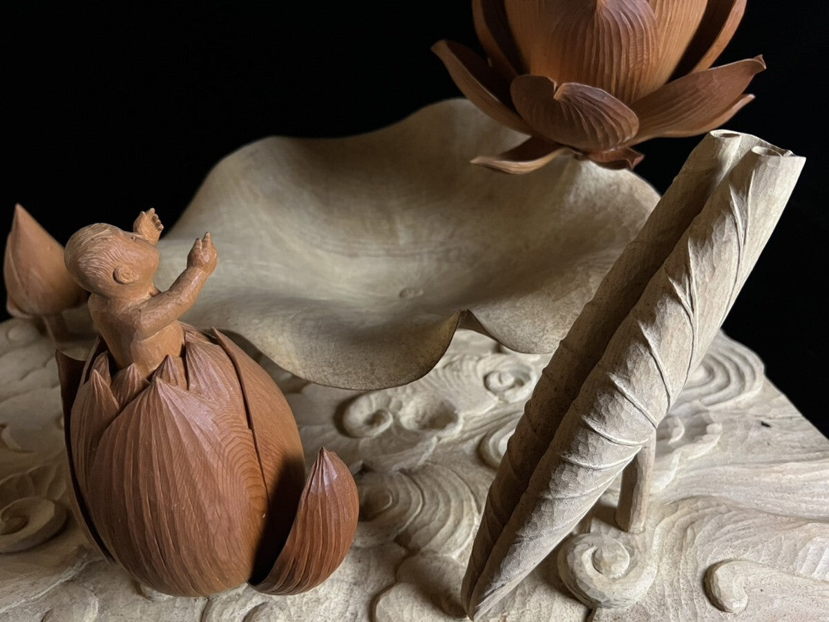 Inamura Kaoru — Jibo Kannon (Compassionate Mother) Lotus Shrine Diorama, Master Wood Carving with Display Case (Approx. 41.5 cm)