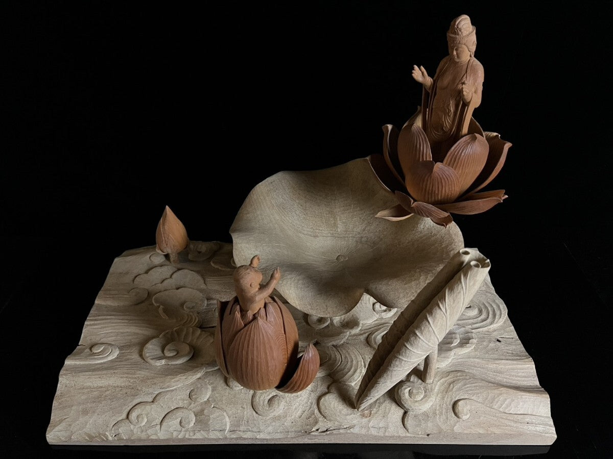 Inamura Kaoru — Jibo Kannon (Compassionate Mother) Lotus Shrine Diorama, Master Wood Carving with Display Case (Approx. 41.5 cm)