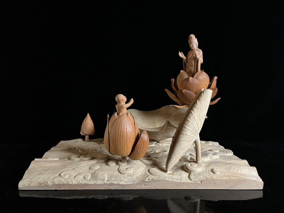 Inamura Kaoru — Jibo Kannon (Compassionate Mother) Lotus Shrine Diorama, Master Wood Carving with Display Case (Approx. 41.5 cm)