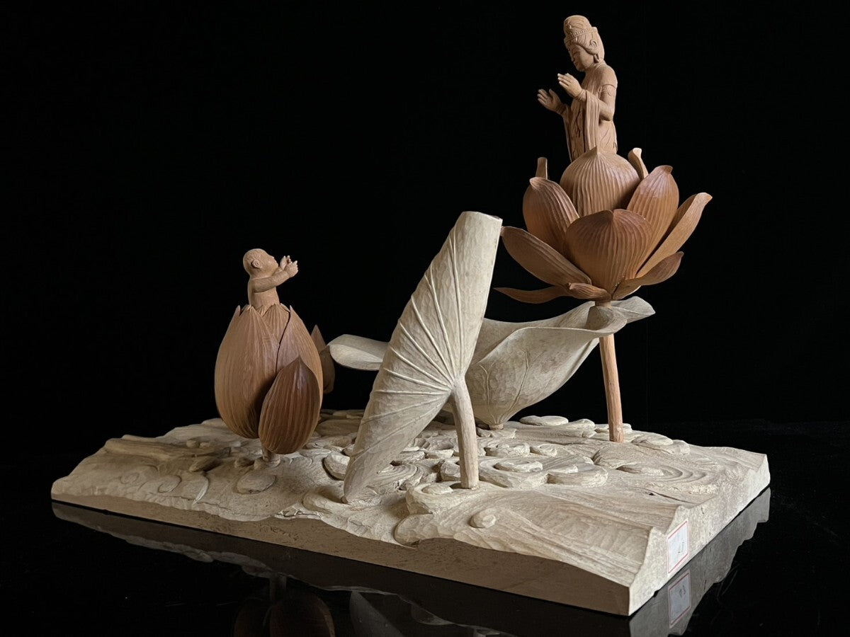 Inamura Kaoru — Jibo Kannon (Compassionate Mother) Lotus Shrine Diorama, Master Wood Carving with Display Case (Approx. 41.5 cm)