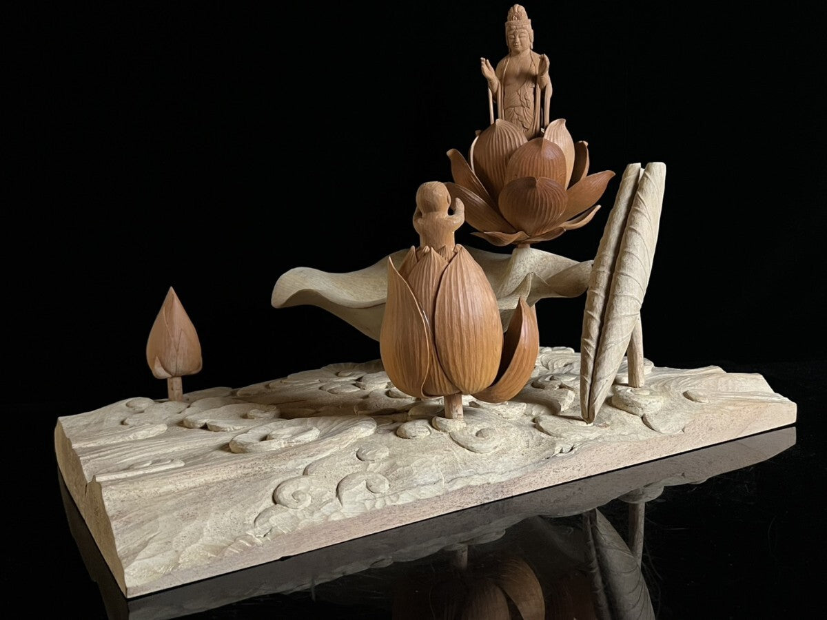 Inamura Kaoru — Jibo Kannon (Compassionate Mother) Lotus Shrine Diorama, Master Wood Carving with Display Case (Approx. 41.5 cm)