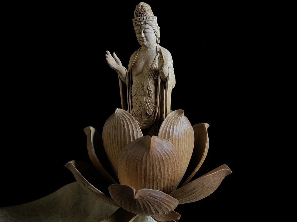 Inamura Kaoru — Jibo Kannon (Compassionate Mother) Lotus Shrine Diorama, Master Wood Carving with Display Case (Approx. 41.5 cm)