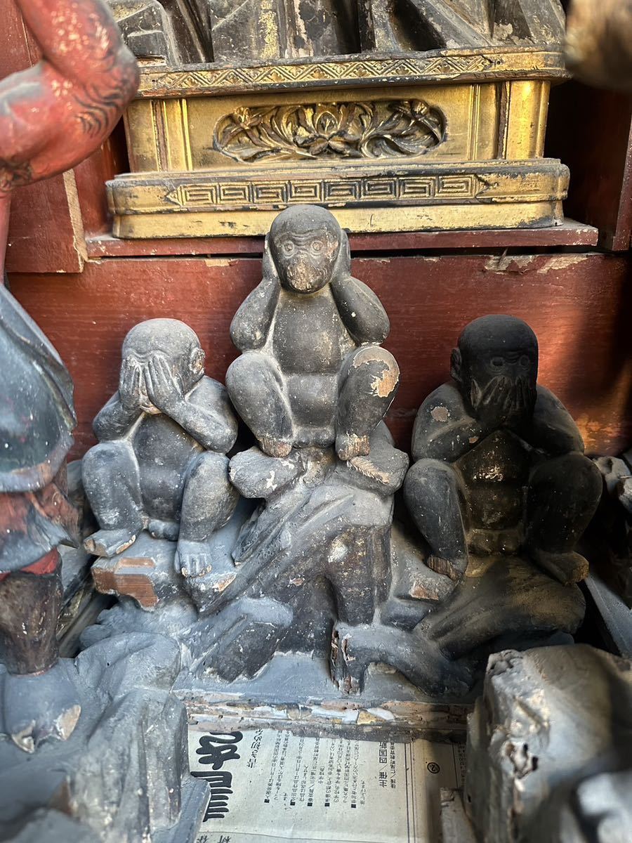 Japanese Buddhist Altar Ensemble with Wooden Shrine (Zushi), Multi-Figure Temple Installation (Antique, 100+ Years)