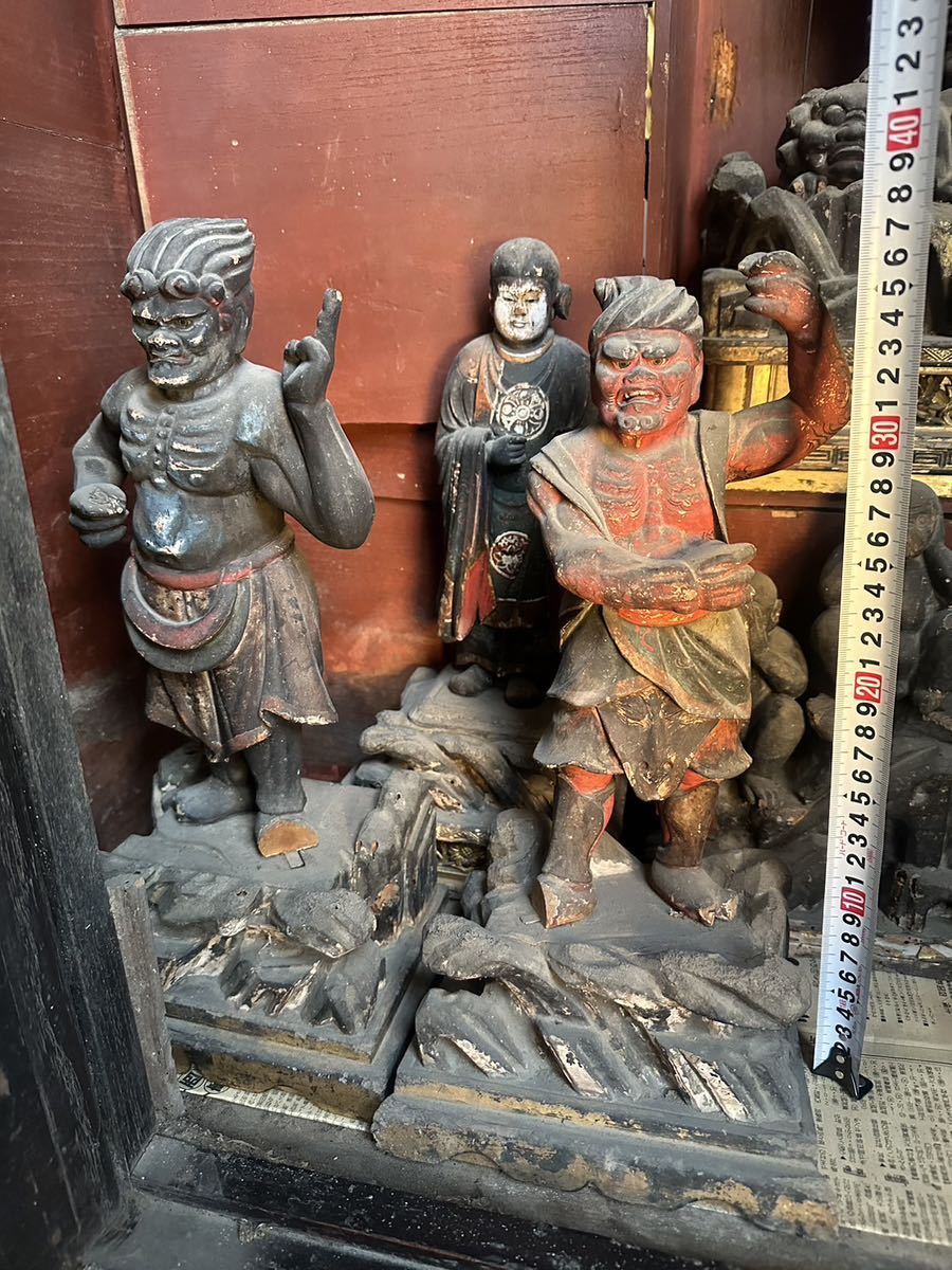 Japanese Buddhist Altar Ensemble with Wooden Shrine (Zushi), Multi-Figure Temple Installation (Antique, 100+ Years)