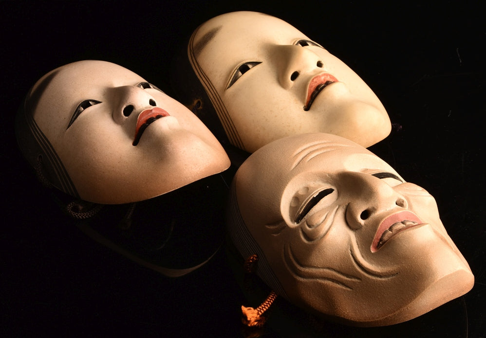 Snow-Moon-Flower “Ko-Omote” Mask Set · Edo-Period Lineage by Omiya Sadamori · 3 Small Noh Masks with Signed Tomobako & Documents