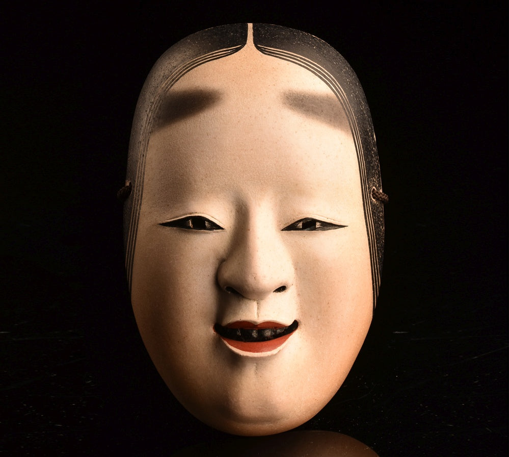 Snow-Moon-Flower “Ko-Omote” Mask Set · Edo-Period Lineage by Omiya Sadamori · 3 Small Noh Masks with Signed Tomobako & Documents