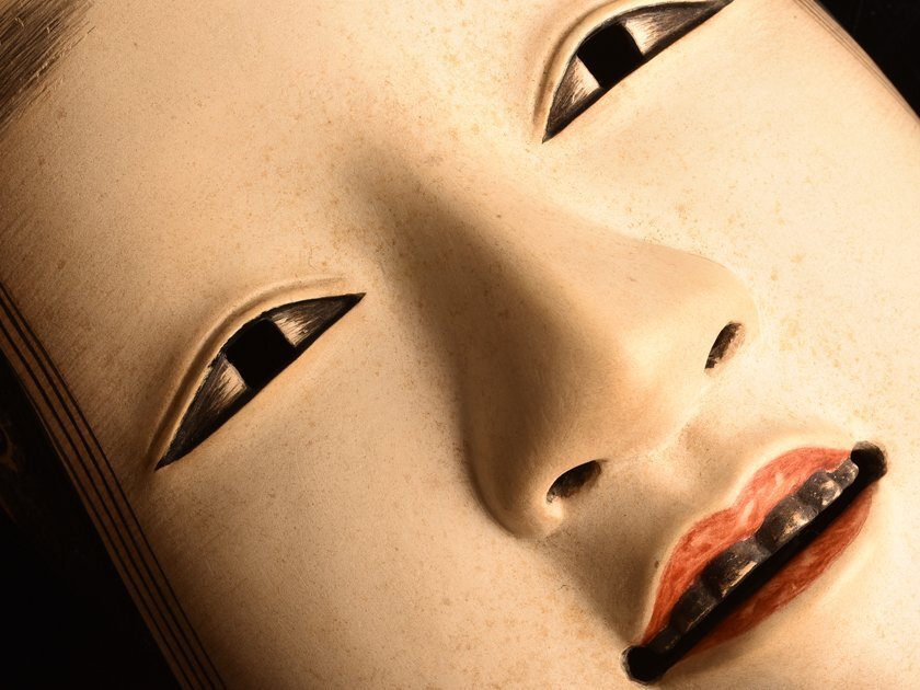 Snow-Moon-Flower “Ko-Omote” Mask Set · Edo-Period Lineage by Omiya Sadamori · 3 Small Noh Masks with Signed Tomobako & Documents