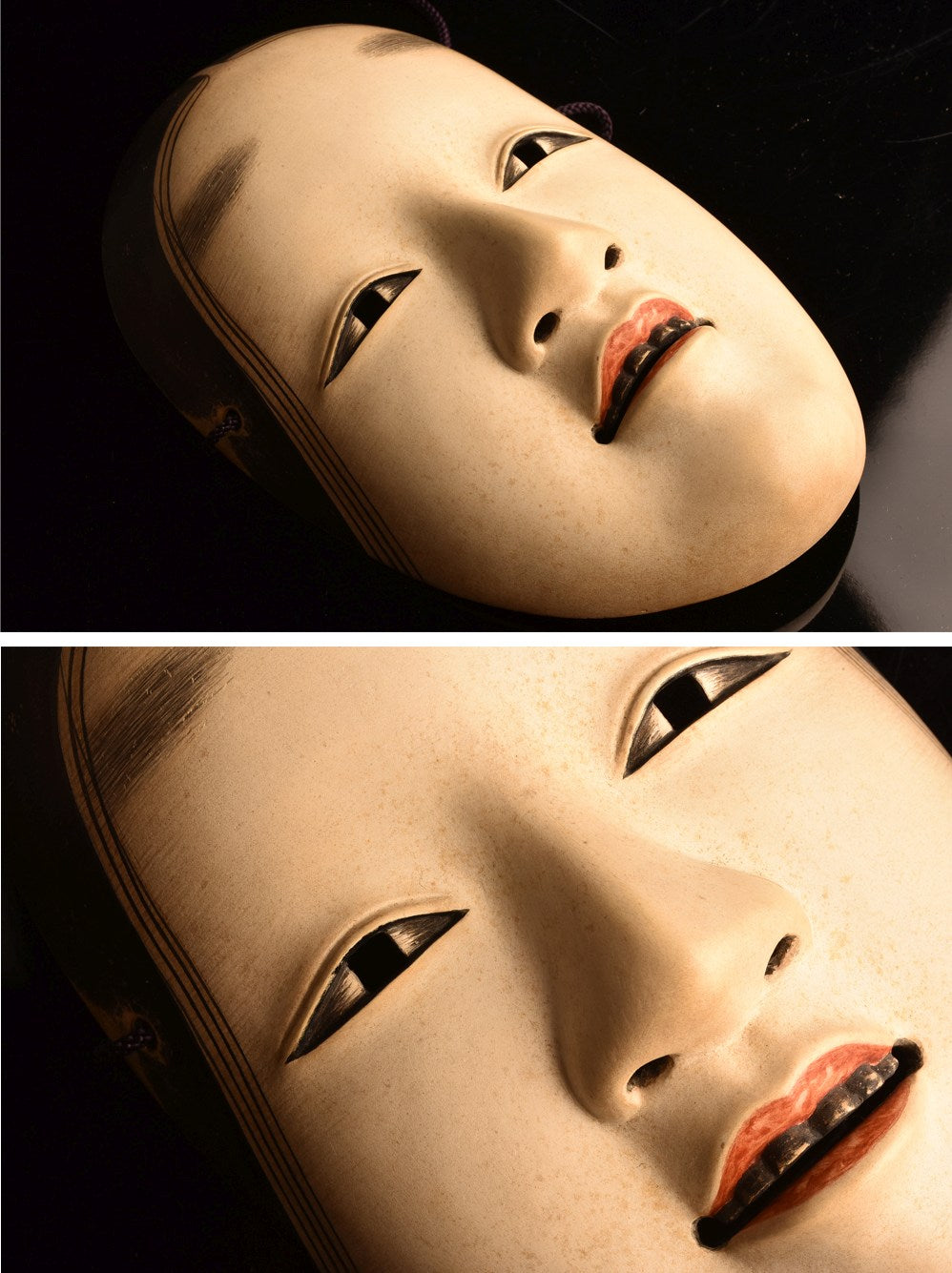 Snow-Moon-Flower “Ko-Omote” Mask Set · Edo-Period Lineage by Omiya Sadamori · 3 Small Noh Masks with Signed Tomobako & Documents