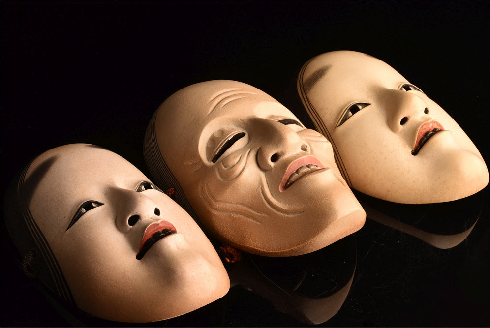 Snow-Moon-Flower “Ko-Omote” Mask Set · Edo-Period Lineage by Omiya Sadamori · 3 Small Noh Masks with Signed Tomobako & Documents