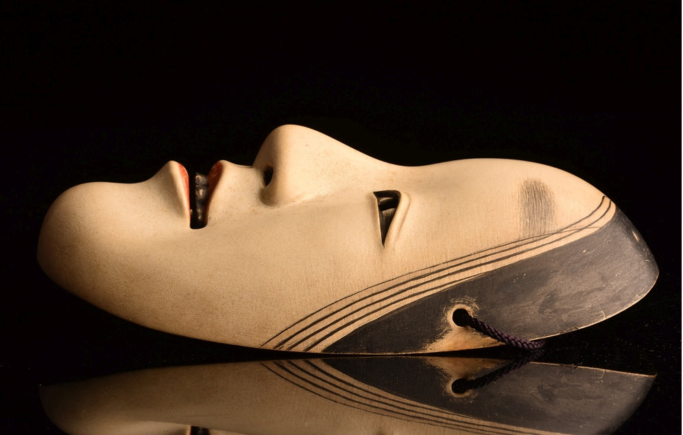 Snow-Moon-Flower “Ko-Omote” Mask Set · Edo-Period Lineage by Omiya Sadamori · 3 Small Noh Masks with Signed Tomobako & Documents