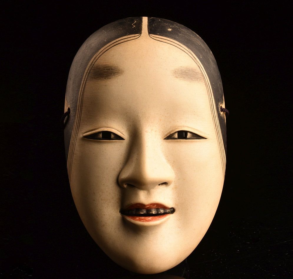 Snow-Moon-Flower “Ko-Omote” Mask Set · Edo-Period Lineage by Omiya Sadamori · 3 Small Noh Masks with Signed Tomobako & Documents