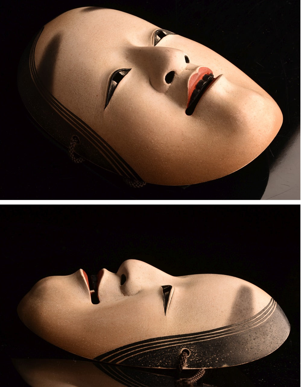 Snow-Moon-Flower “Ko-Omote” Mask Set · Edo-Period Lineage by Omiya Sadamori · 3 Small Noh Masks with Signed Tomobako & Documents