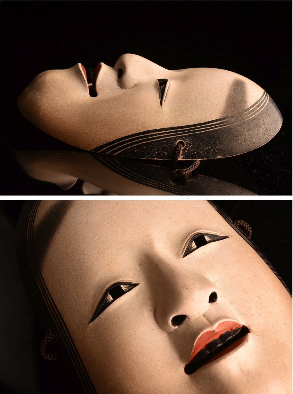 Snow-Moon-Flower “Ko-Omote” Mask Set · Edo-Period Lineage by Omiya Sadamori · 3 Small Noh Masks with Signed Tomobako & Documents