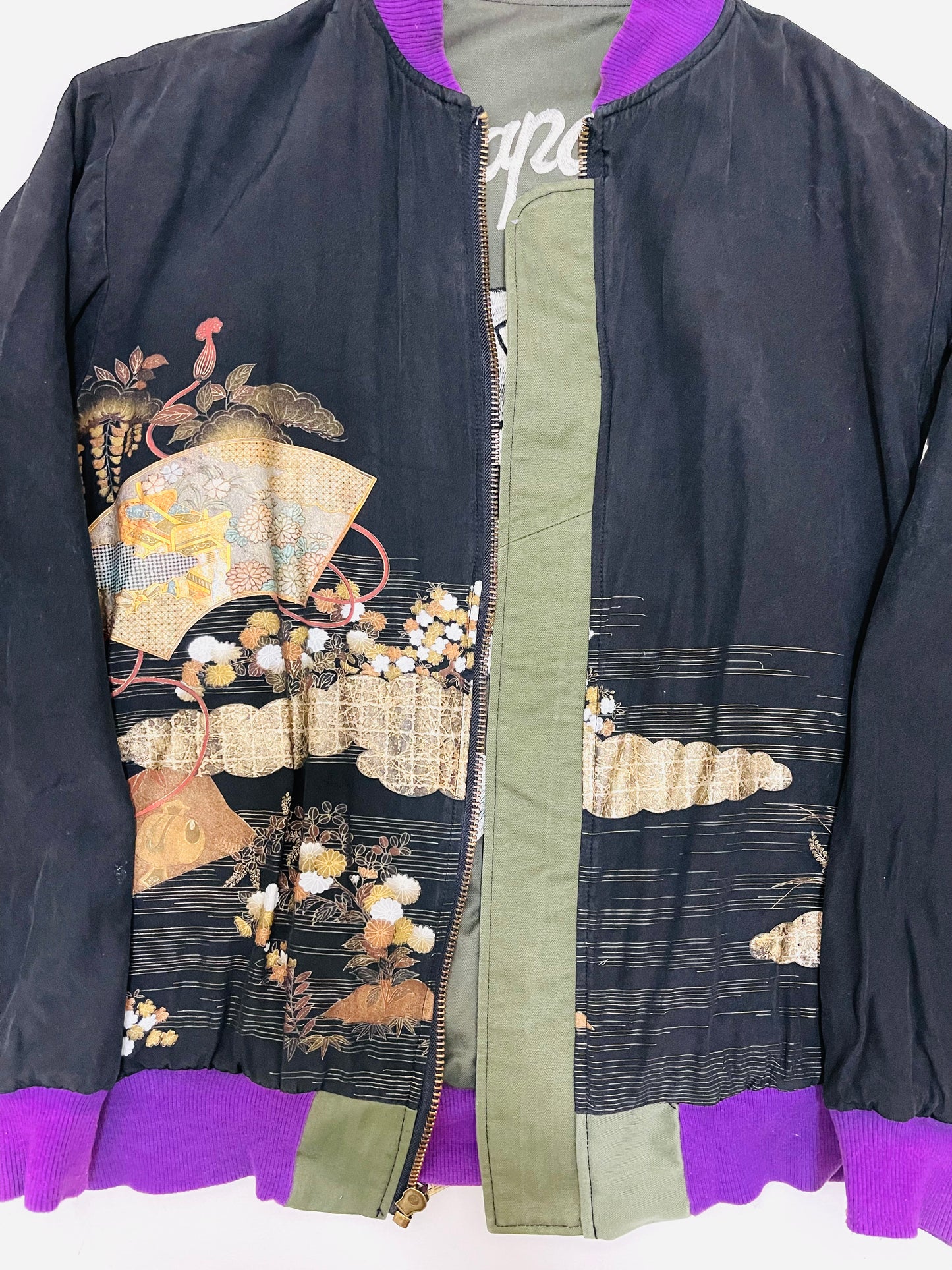 Bespoke Hypebeast Japanese Japan Vietnam War Vintage Handmade Custom One and Only One Cote Mer Upscale Street Fashion Embroidered Embroidery Kimono Obi Boro Remake Souvenir Sukajan Reversible Camo Bomber Riders Blousson Jacket ( Size : L )