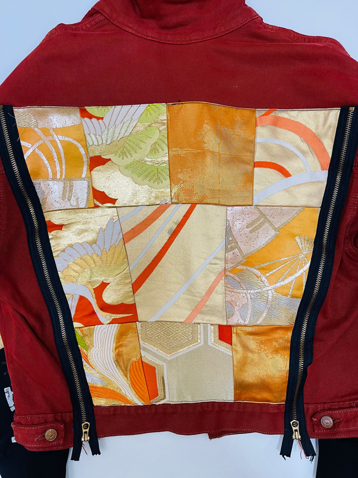 Remake Bespoke Hypebeast Japanese Japan Red Vintage Levi's Handmade Custom One and Only One Cote Mer Upcycle Street Fashion Embroidered Embroidery Kimono Obi Boro X Denim Jacket ( Size : XL )