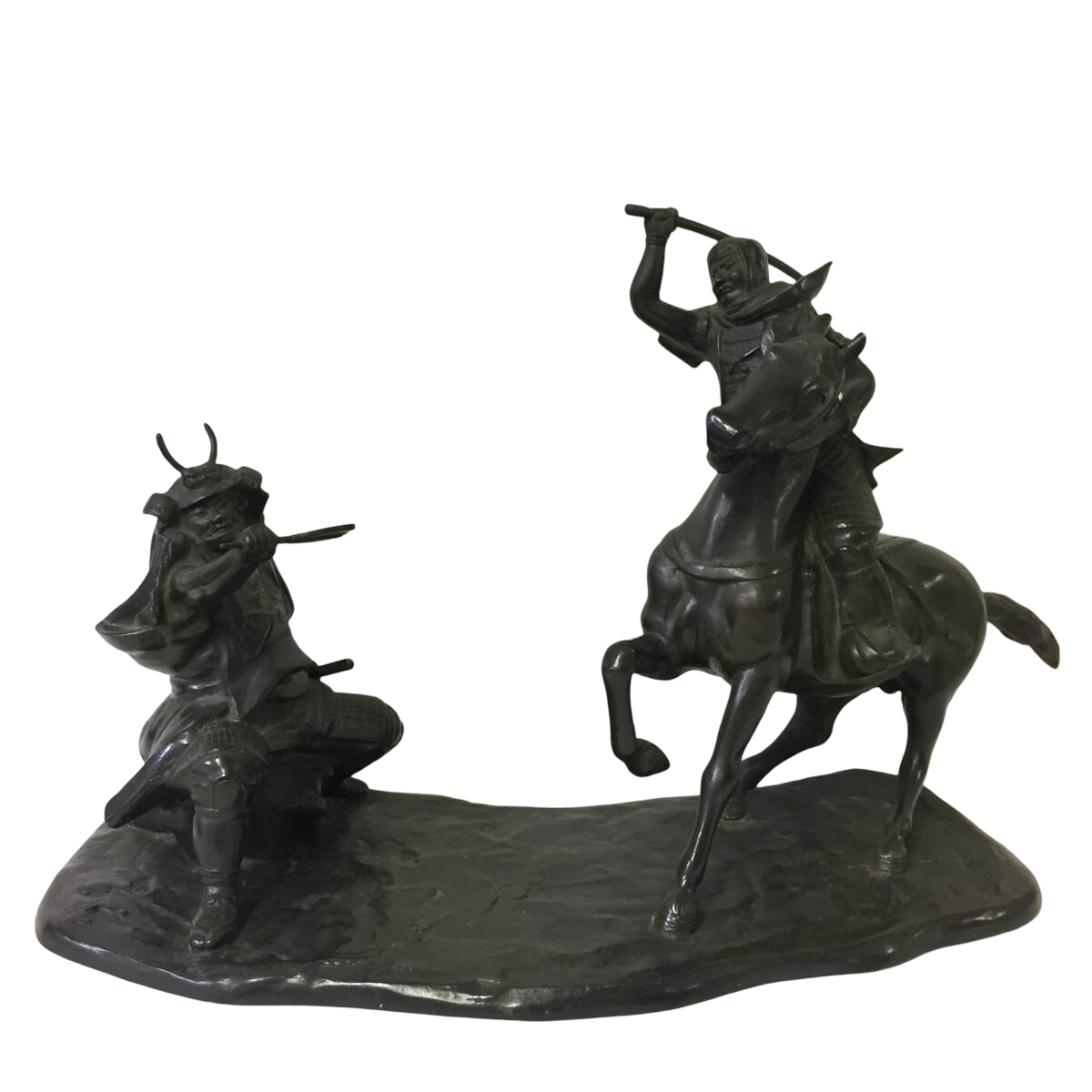 Japanese Bronze Samurai Battle Tableau, Takeda Shingen x Uesugi Kenshin - Mounted Warrior Combat Scene, Showa Period, After the Battle of Kawanakajima Tradition — 48cm