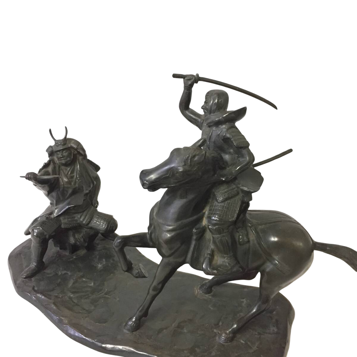 Japanese Bronze Samurai Battle Tableau, Takeda Shingen x Uesugi Kenshin - Mounted Warrior Combat Scene, Showa Period, After the Battle of Kawanakajima Tradition — 48cm