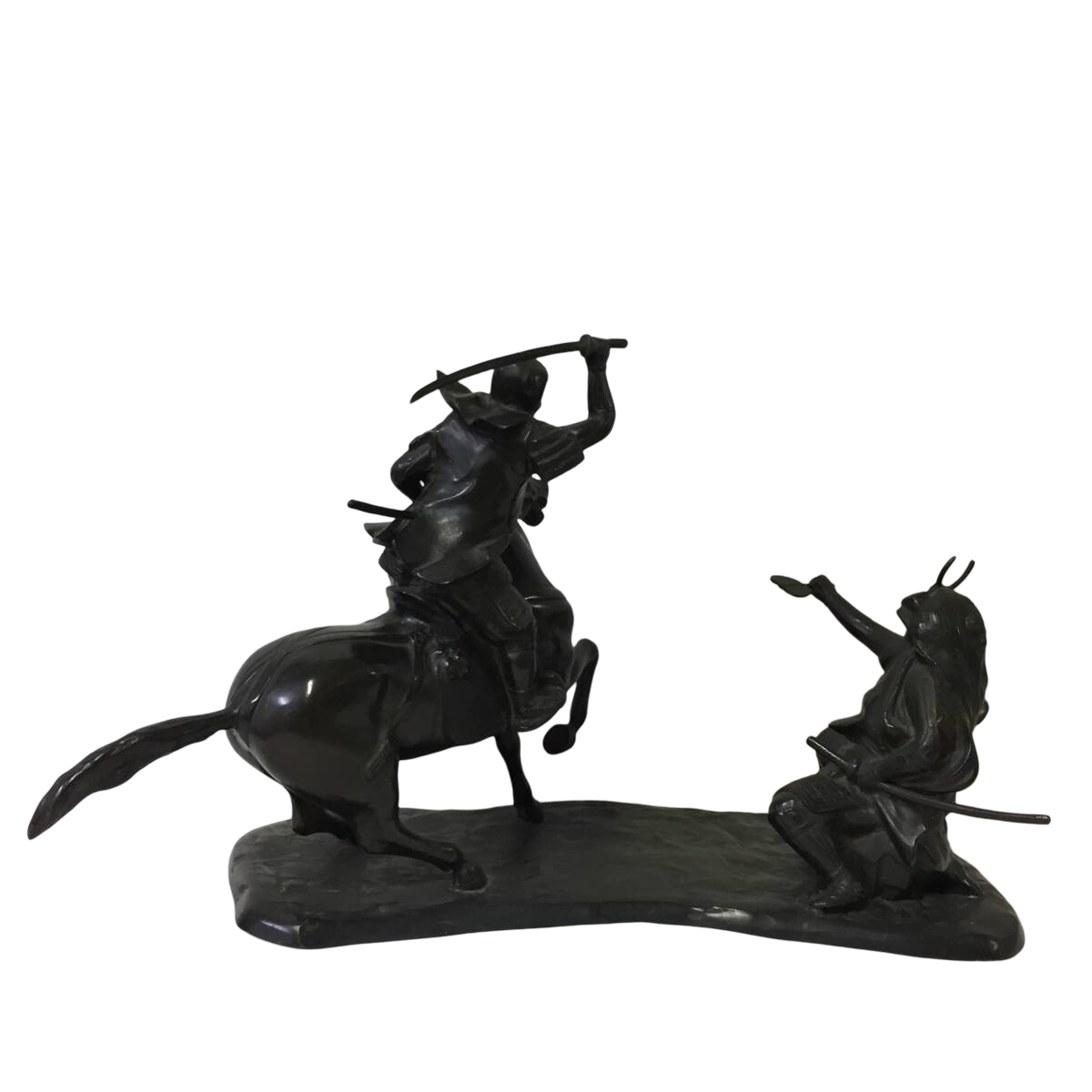Japanese Bronze Samurai Battle Tableau, Takeda Shingen x Uesugi Kenshin - Mounted Warrior Combat Scene, Showa Period, After the Battle of Kawanakajima Tradition — 48cm