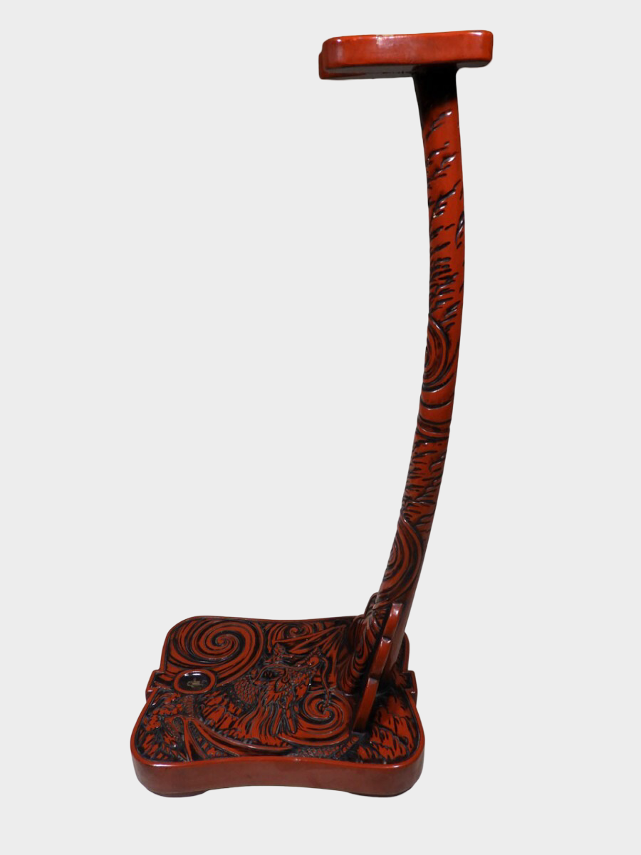 Rare Japanese Carved Dragon Tachi Sword Stand | Deep Relief Maki-e Lacquer | Edo–Meiji Period Display