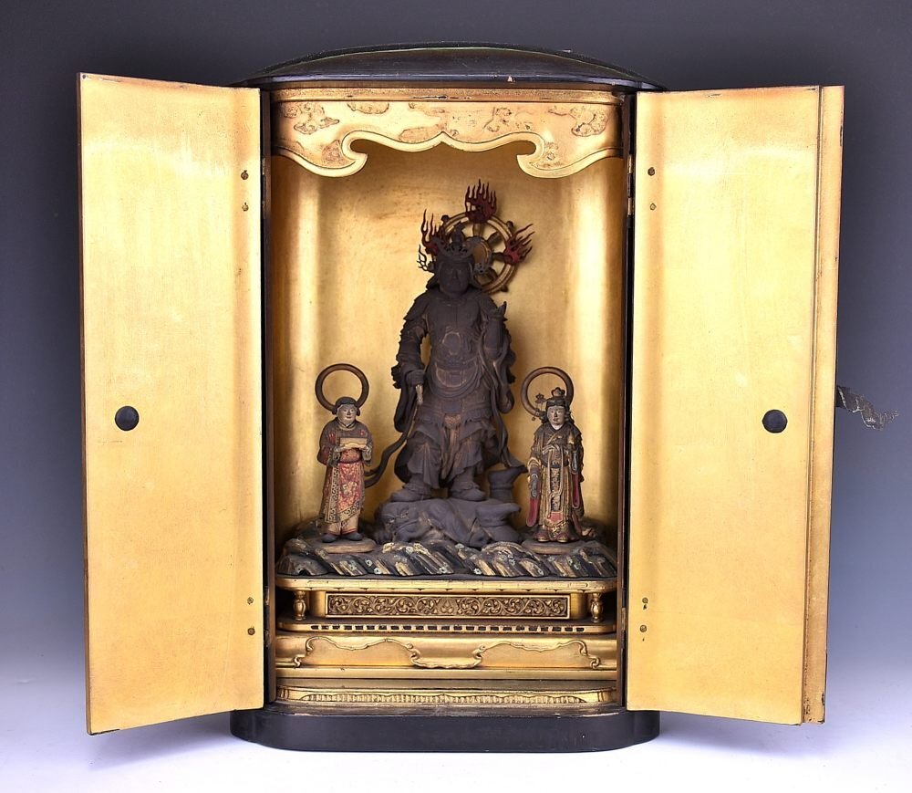 Japanese Enma Ten (King of Hell) Triad with Wooden Zushi Shrine, Edo Period Buddhist Altar Ensemble (Antique, 100+ Years)