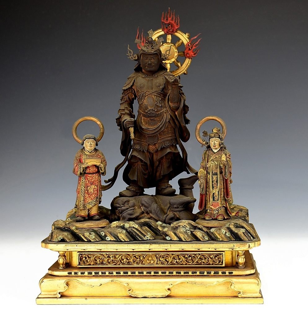 Japanese Enma Ten (King of Hell) Triad with Wooden Zushi Shrine, Edo Period Buddhist Altar Ensemble (Antique, 100+ Years)
