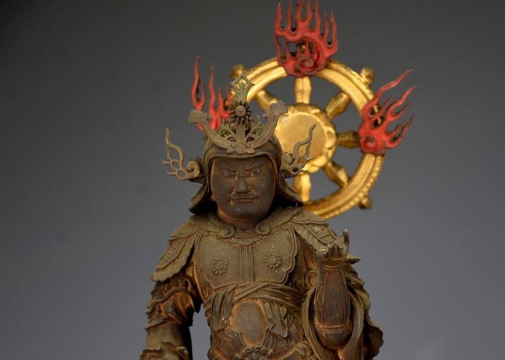 Japanese Enma Ten (King of Hell) Triad with Wooden Zushi Shrine, Edo Period Buddhist Altar Ensemble (Antique, 100+ Years)