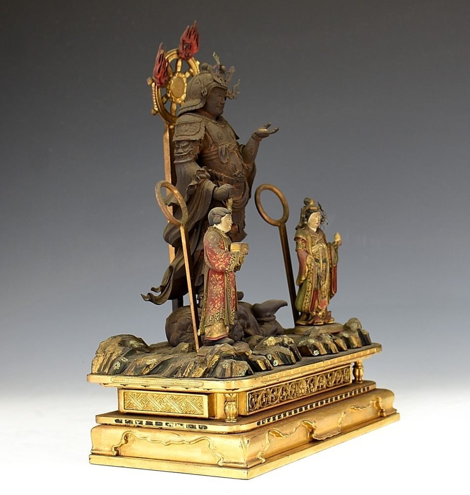 Japanese Enma Ten (King of Hell) Triad with Wooden Zushi Shrine, Edo Period Buddhist Altar Ensemble (Antique, 100+ Years)