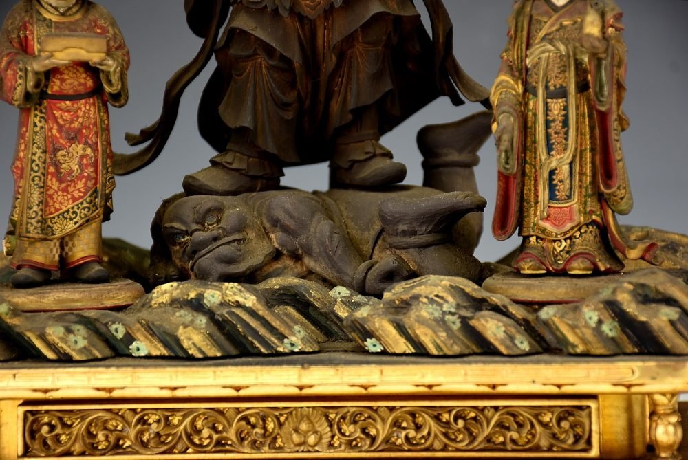 Japanese Enma Ten (King of Hell) Triad with Wooden Zushi Shrine, Edo Period Buddhist Altar Ensemble (Antique, 100+ Years)