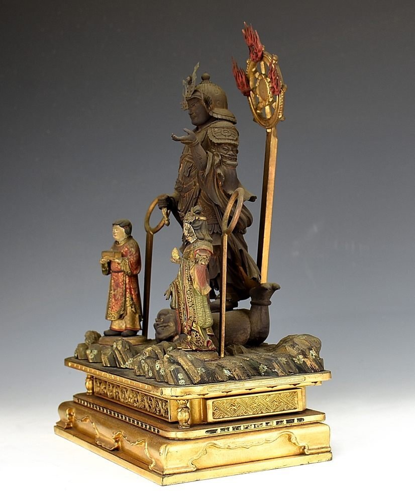 Japanese Enma Ten (King of Hell) Triad with Wooden Zushi Shrine, Edo Period Buddhist Altar Ensemble (Antique, 100+ Years)