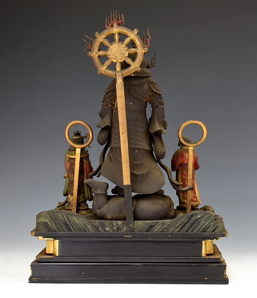 Japanese Enma Ten (King of Hell) Triad with Wooden Zushi Shrine, Edo Period Buddhist Altar Ensemble (Antique, 100+ Years)