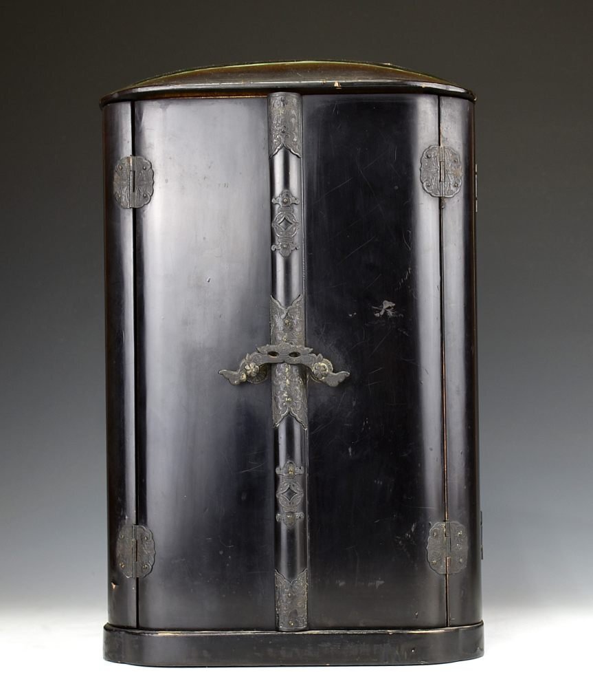 Japanese Enma Ten (King of Hell) Triad with Wooden Zushi Shrine, Edo Period Buddhist Altar Ensemble (Antique, 100+ Years)