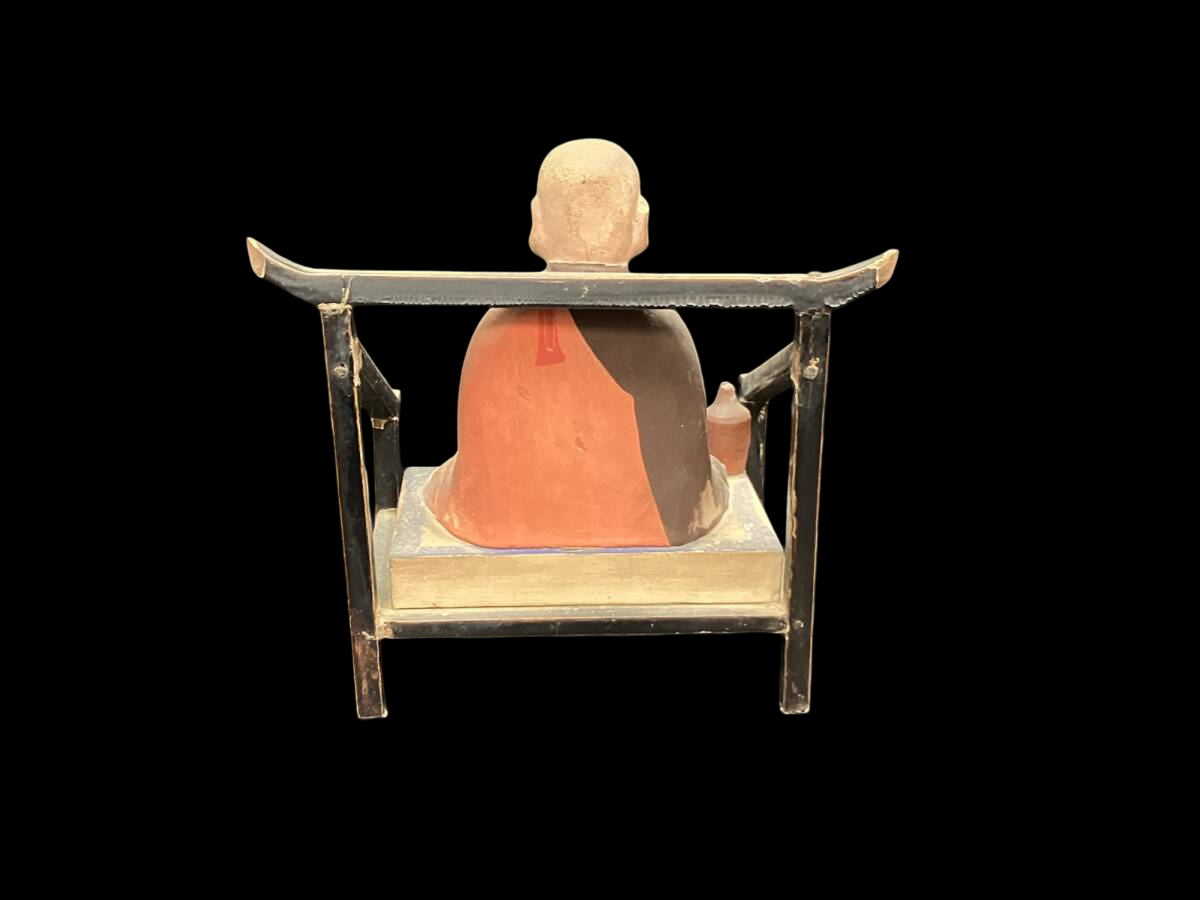 Kobo Daishi (Kukai) Devotional Figure in Black Lacquer Zushi — Gold Interior Portable Shrine Case with Polychrome Icon (Approx. 22.7 cm Zushi / 15 cm Figure) — Compact Lineage Anchor for Study Altar