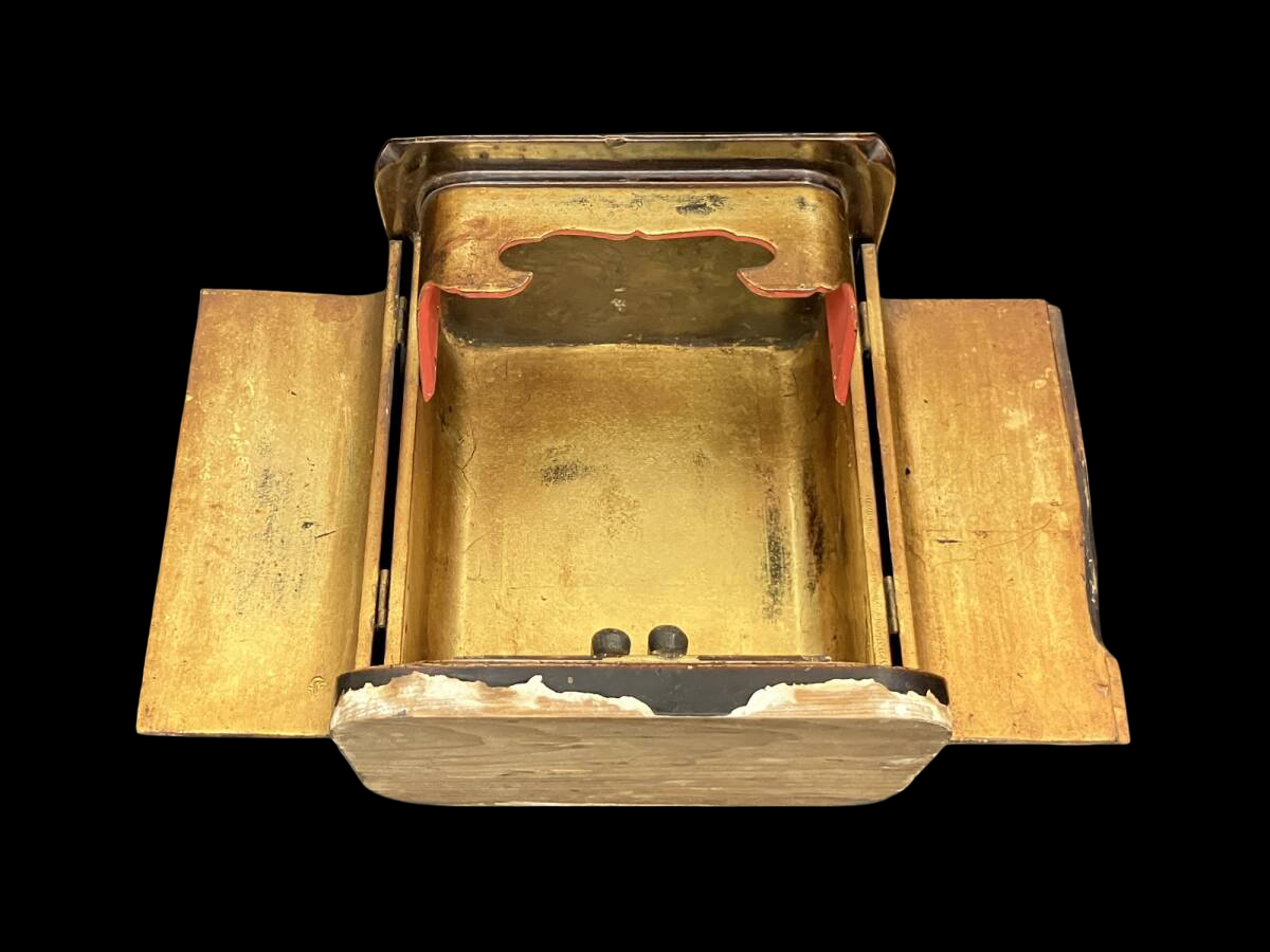 Kobo Daishi (Kukai) Devotional Figure in Black Lacquer Zushi — Gold Interior Portable Shrine Case with Polychrome Icon (Approx. 22.7 cm Zushi / 15 cm Figure) — Compact Lineage Anchor for Study Altar