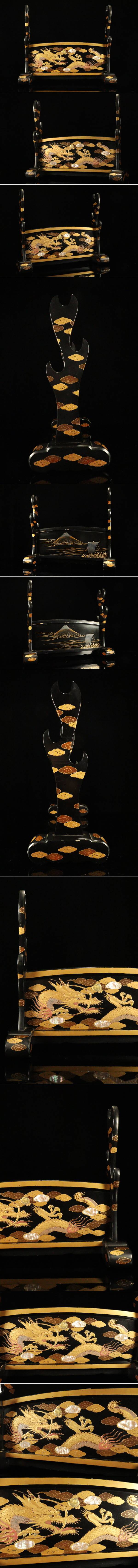 Edo-Period Style Japanese Lacquer Sword Stand, Maki-e Dragon & Mount Fuji, Shell Inlay Raden , Katana Rack Display (49cm)