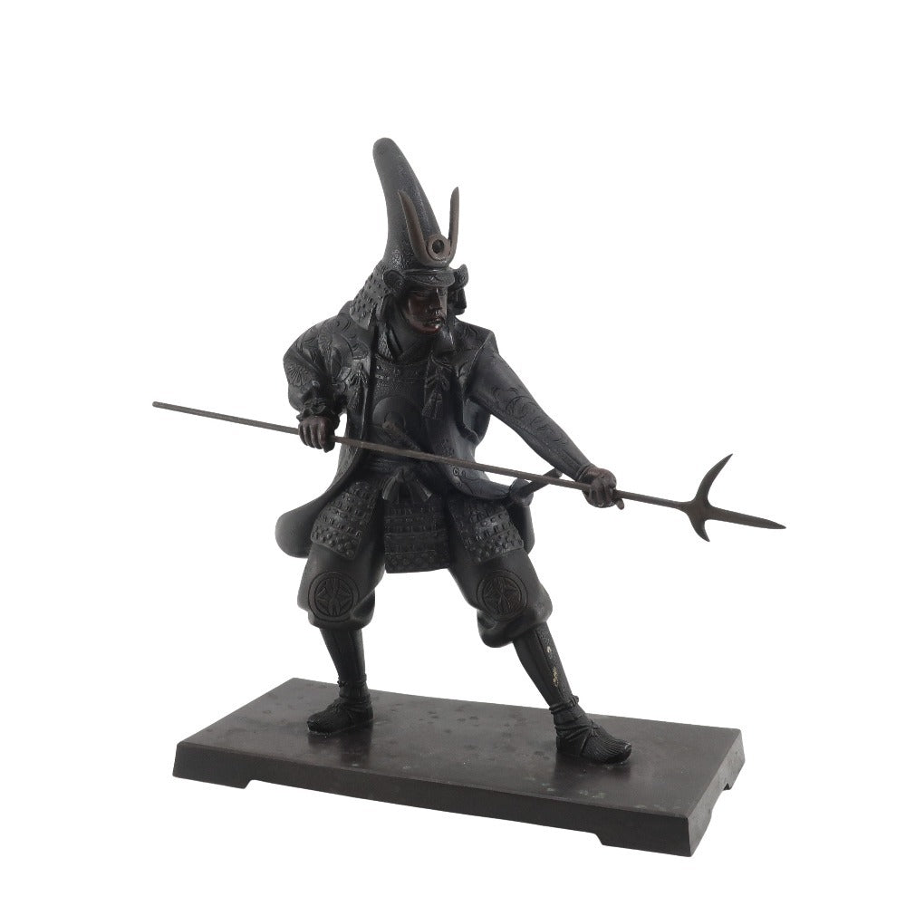 Japanese Metal Samurai Sculpture of Kato Kiyomasa | Spear-Bearing Warrior Figure | Heavy Metal Art Object