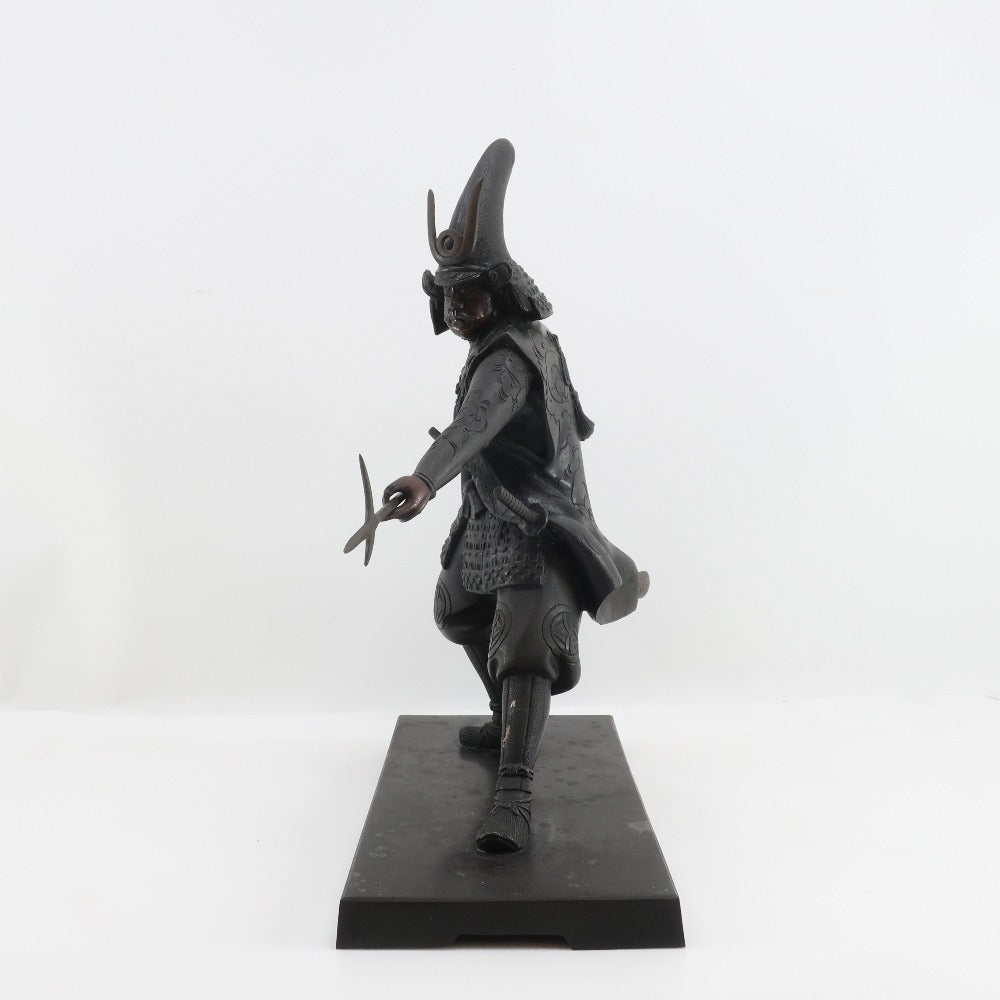 Japanese Metal Samurai Sculpture of Kato Kiyomasa | Spear-Bearing Warrior Figure | Heavy Metal Art Object