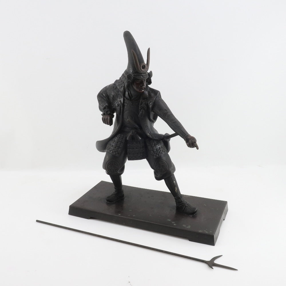 Japanese Metal Samurai Sculpture of Kato Kiyomasa | Spear-Bearing Warrior Figure | Heavy Metal Art Object