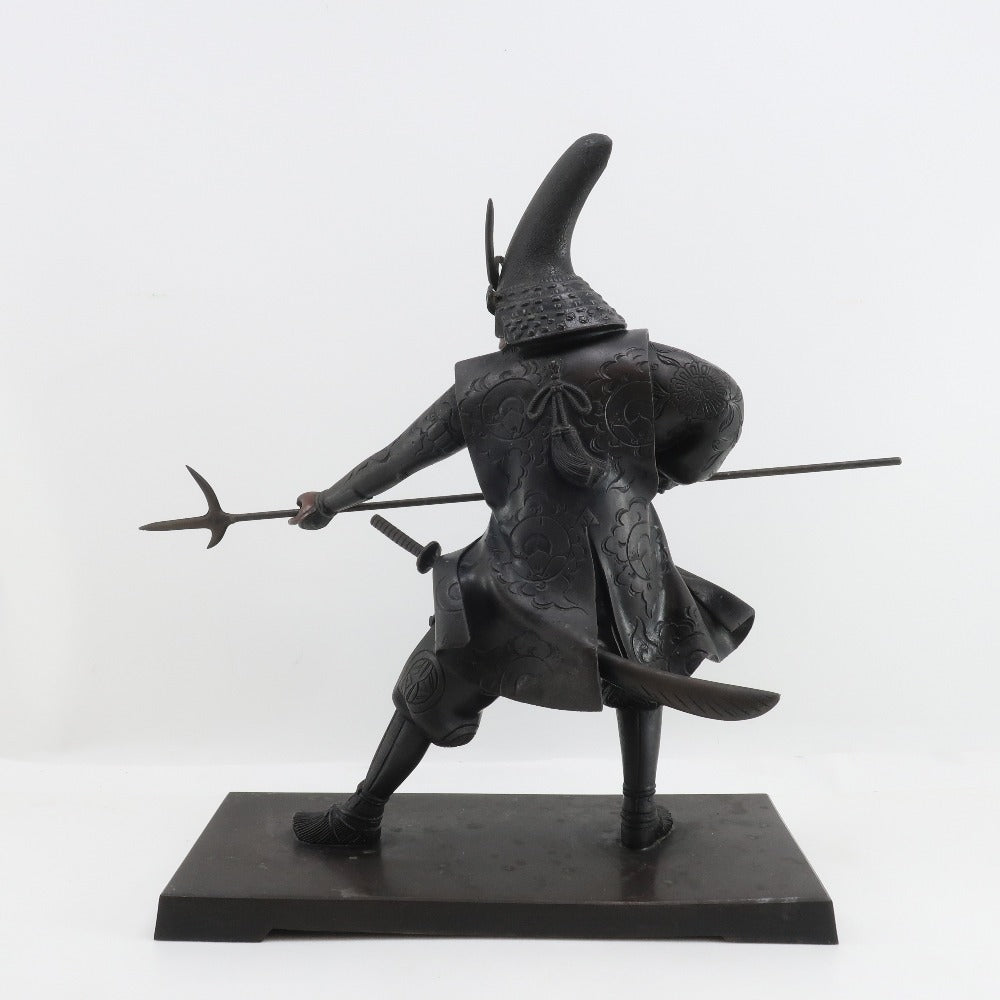 Japanese Metal Samurai Sculpture of Kato Kiyomasa | Spear-Bearing Warrior Figure | Heavy Metal Art Object