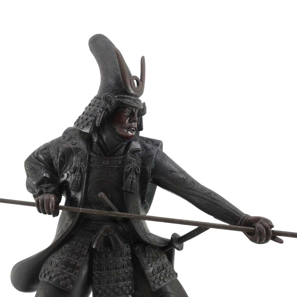 Japanese Metal Samurai Sculpture of Kato Kiyomasa | Spear-Bearing Warrior Figure | Heavy Metal Art Object