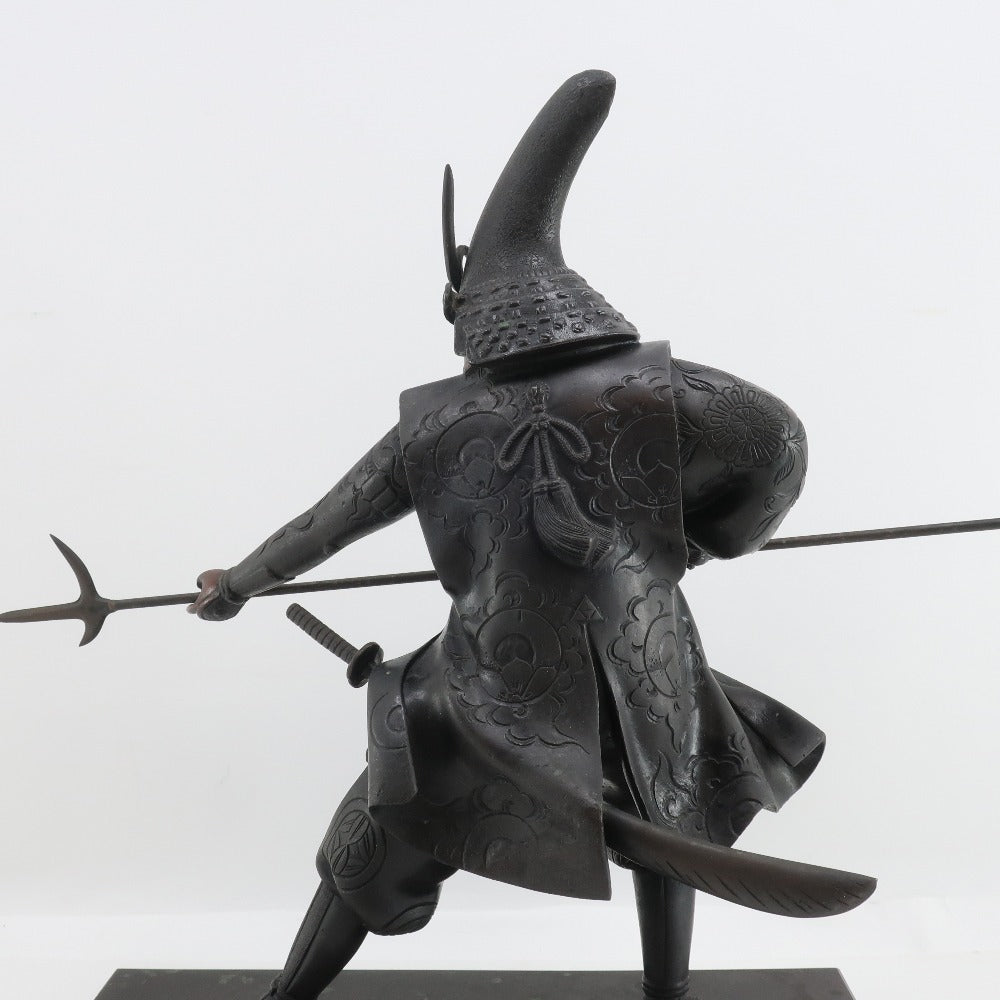 Japanese Metal Samurai Sculpture of Kato Kiyomasa | Spear-Bearing Warrior Figure | Heavy Metal Art Object