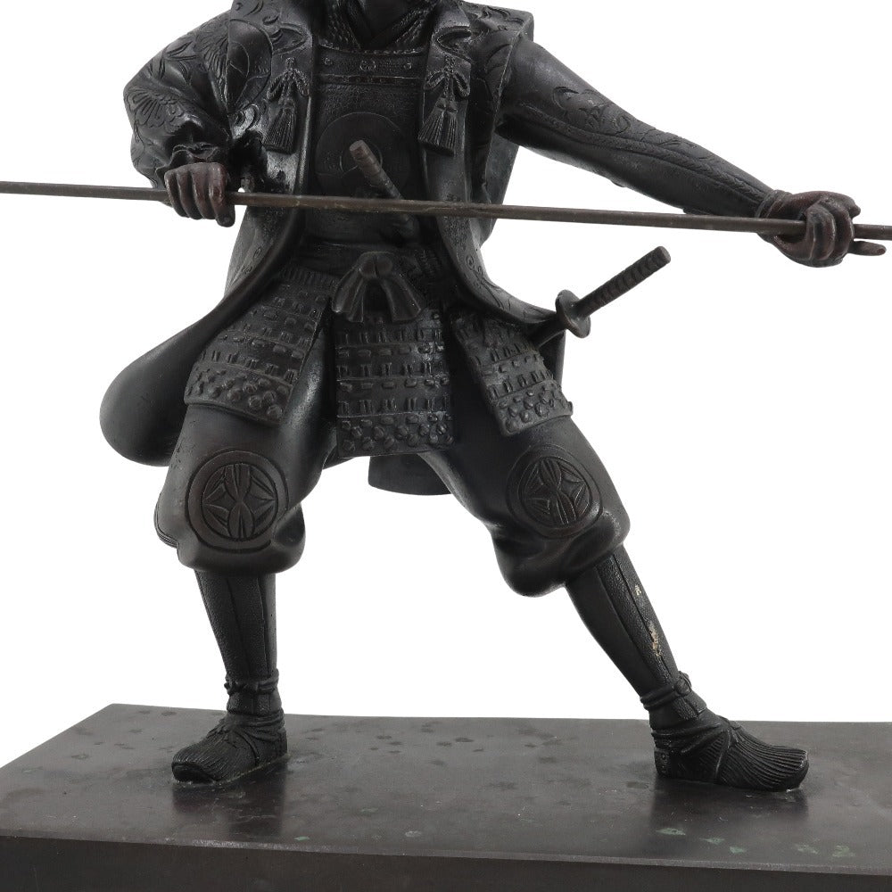 Japanese Metal Samurai Sculpture of Kato Kiyomasa | Spear-Bearing Warrior Figure | Heavy Metal Art Object