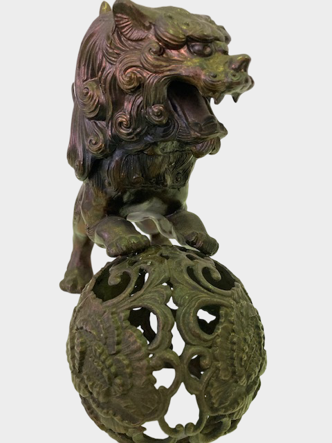 Japanese Metal Shishi Tama Jishi Guardian Lion Okimono with Jewel Ball Sculpture Statue