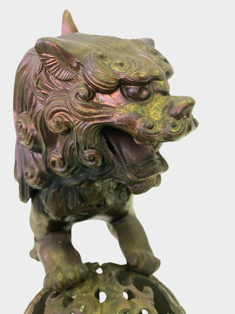 Japanese Metal Shishi Tama Jishi Guardian Lion Okimono with Jewel Ball Sculpture Statue