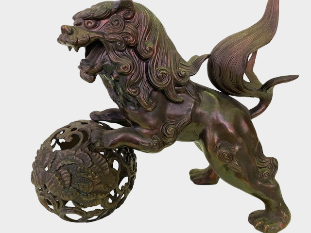 Japanese Metal Shishi Tama Jishi Guardian Lion Okimono with Jewel Ball Sculpture Statue