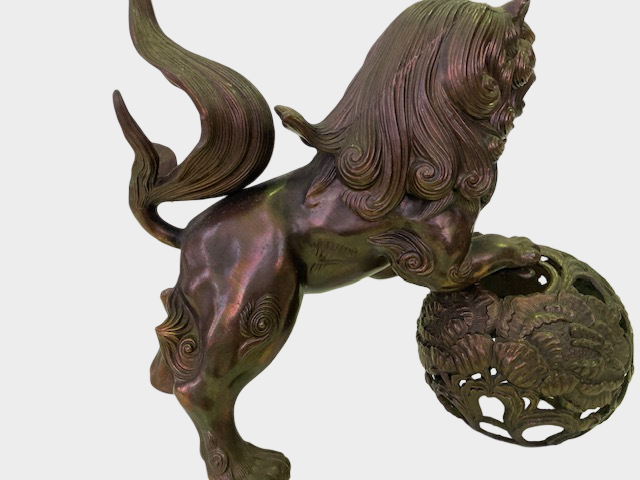 Japanese Metal Shishi Tama Jishi Guardian Lion Okimono with Jewel Ball Sculpture Statue