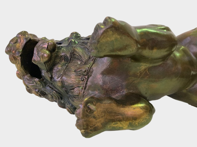 Japanese Metal Shishi Tama Jishi Guardian Lion Okimono with Jewel Ball Sculpture Statue