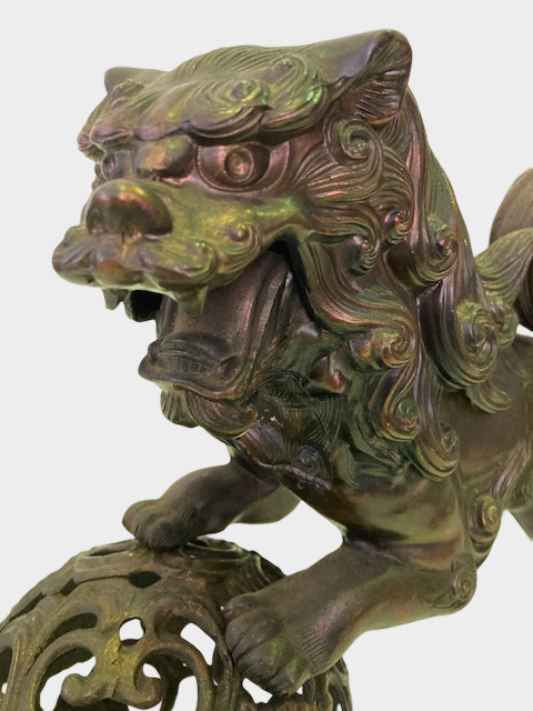 Japanese Metal Shishi Tama Jishi Guardian Lion Okimono with Jewel Ball Sculpture Statue