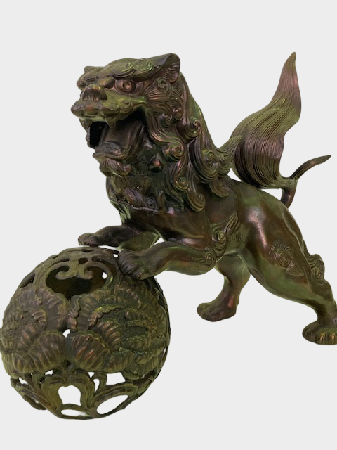 Japanese Metal Shishi Tama Jishi Guardian Lion Okimono with Jewel Ball Sculpture Statue
