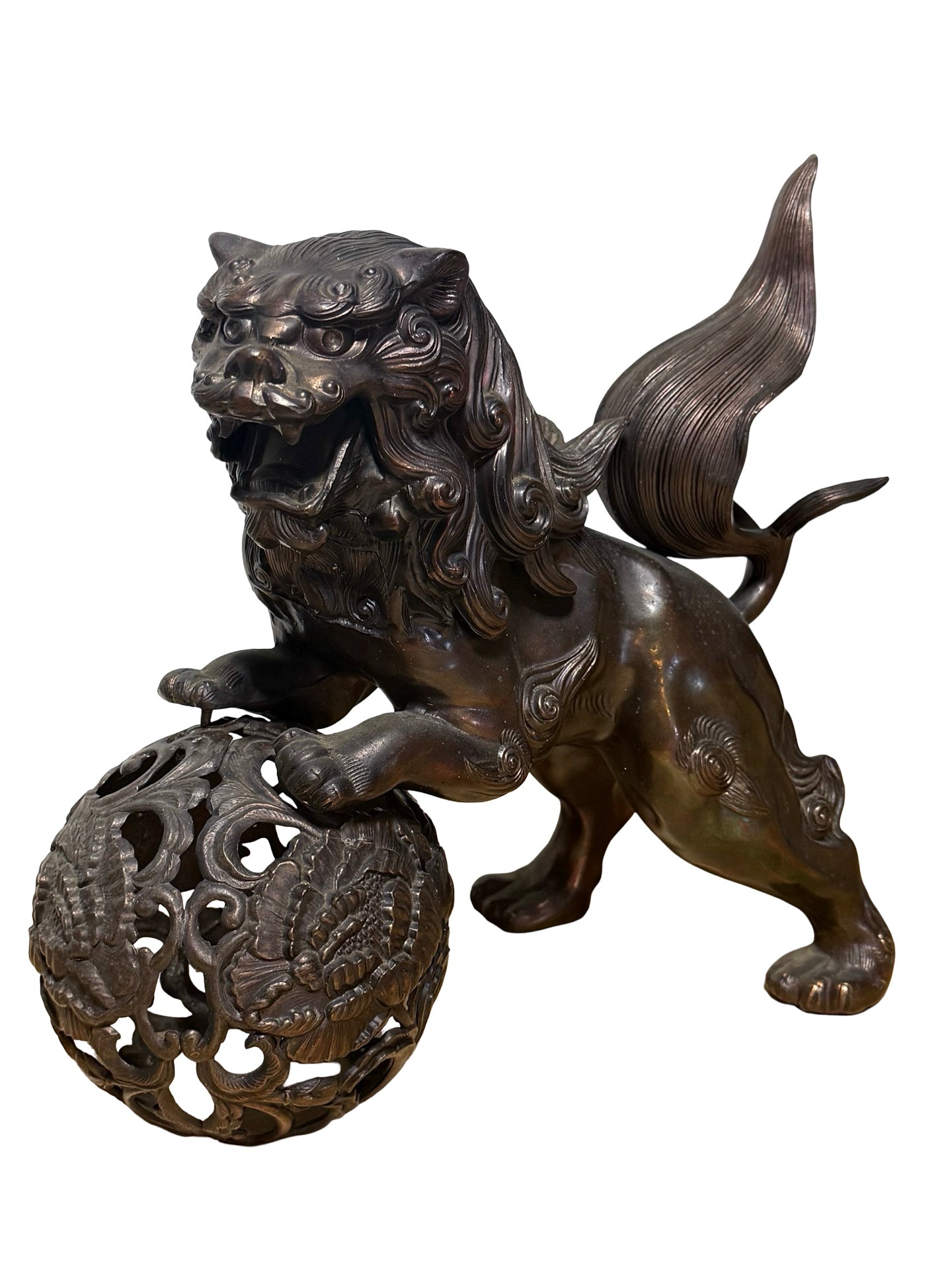 Japanese Metal Shishi Tama Jishi Guardian Lion Okimono with Jewel Ball Sculpture Statue