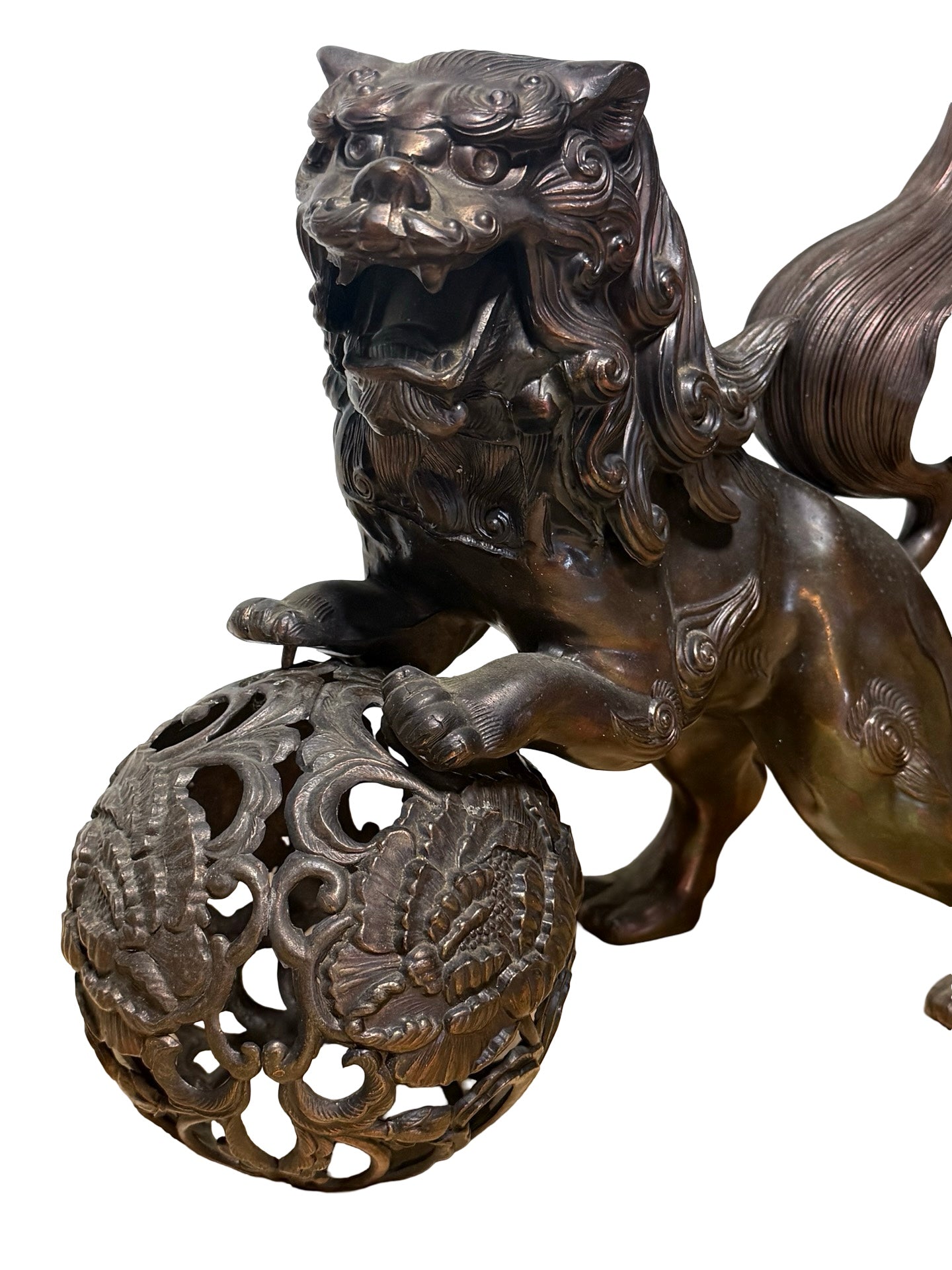 Japanese Metal Shishi Tama Jishi Guardian Lion Okimono with Jewel Ball Sculpture Statue